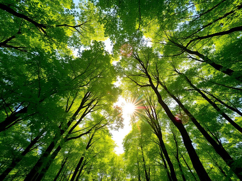 Sunlight through a lush green forest canopy