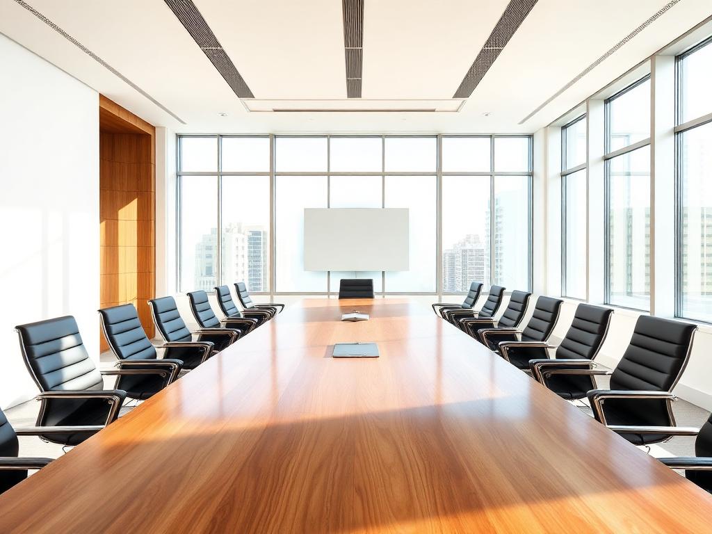 Modern corporate boardroom with sunlight