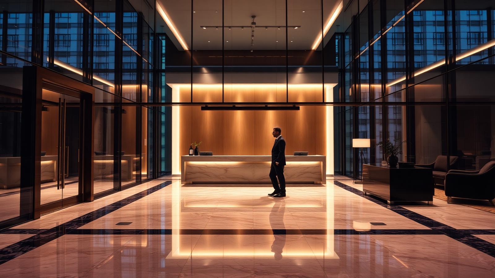 Discreet executive protection officer in a modern corporate lobby at twilight