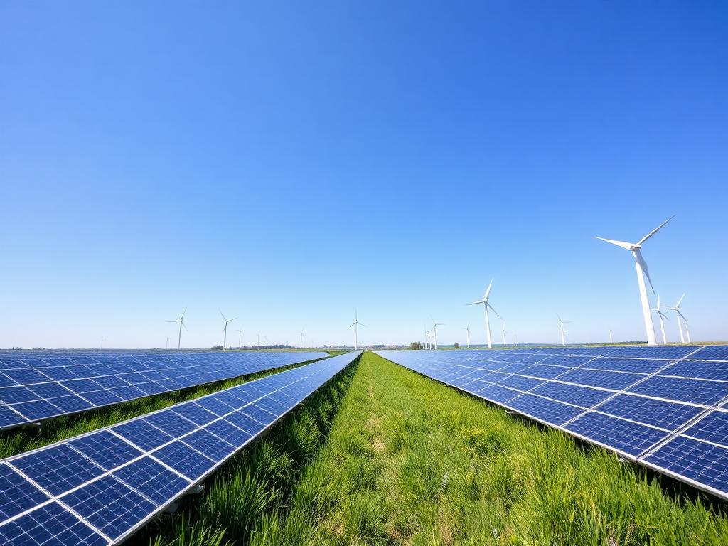 Solar panels at sustainable industrial facility at sunset