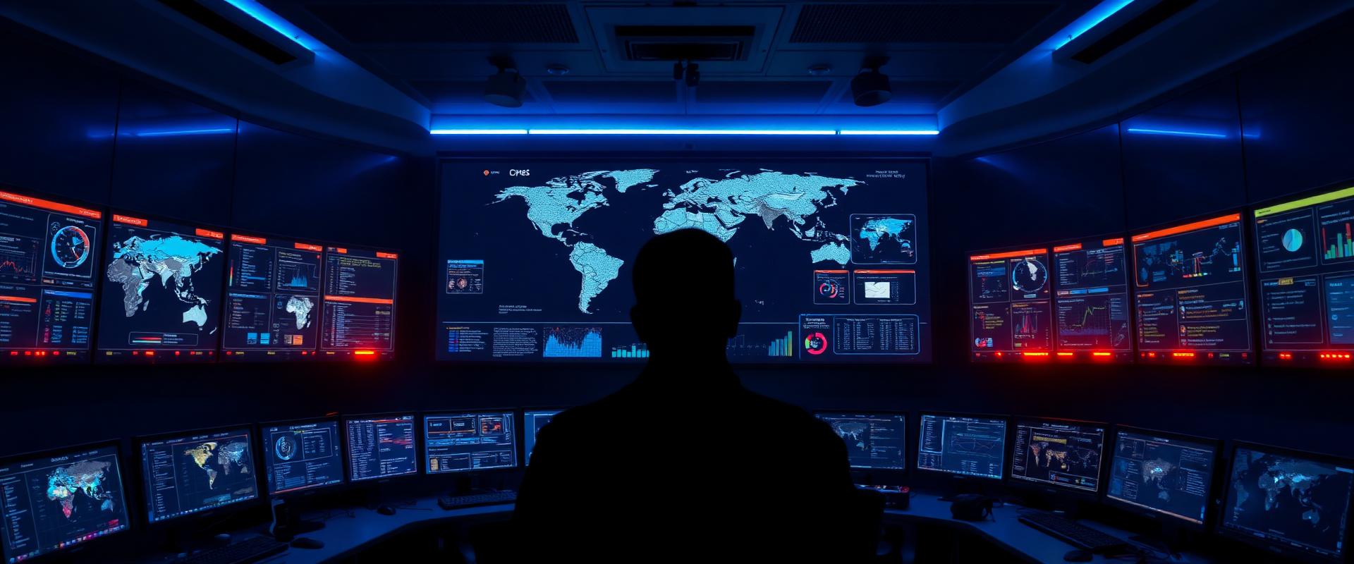Intelligence operations centre with global monitoring displays