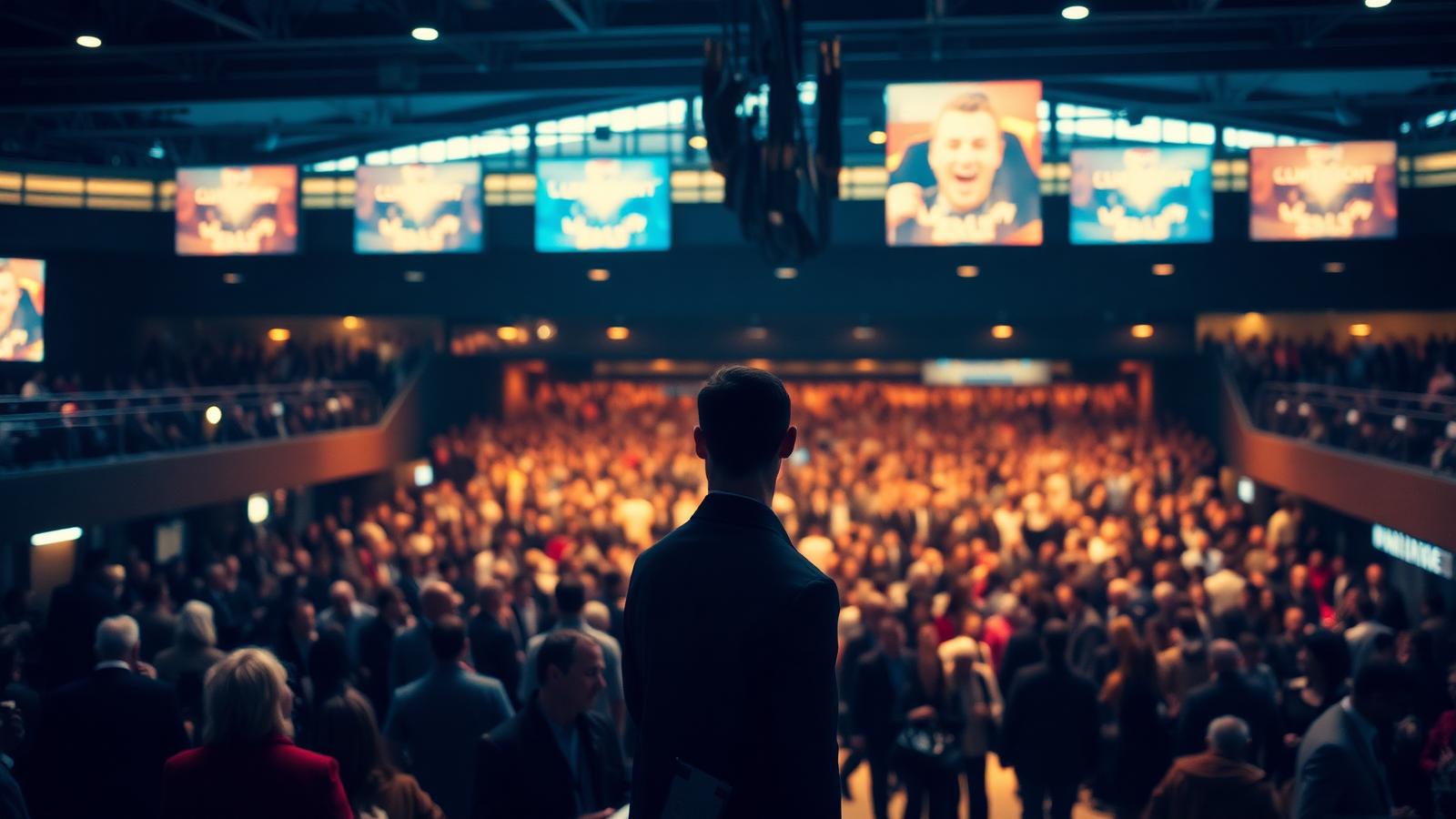 Discreet security professional observing crowd flow at a packed UK venue concourse